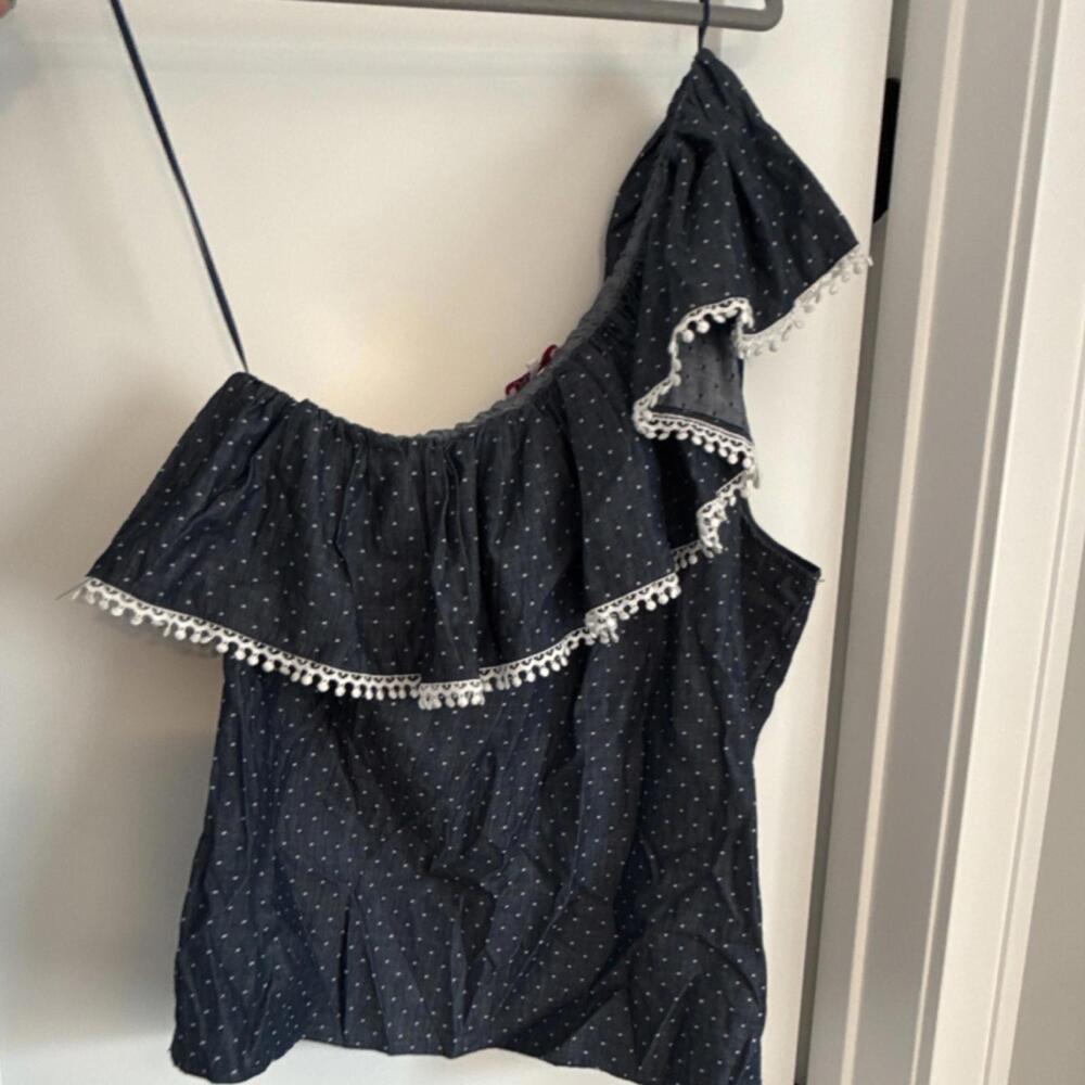 Parker Chambray Polka Dot One Shoulder Ruffle Pom-Pom Trim Blue Cropped Blouse L